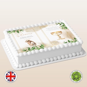 Décoration de gâteau comestible personnalisée Première communion à livre ouvert Praying Girl (version anglaise) feuille de glaçage carte gaufrette, impressions comestibles, Komunia