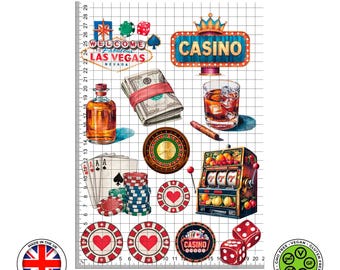 Può includere: Un'illustrazione colorata a tema casino di Las Vegas con un cartello di benvenuto, carte da gioco, dadi, una slot machine, un bicchiere di whisky e una pila di soldi.