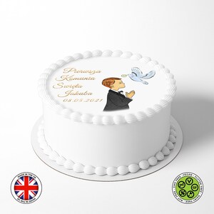 Adorno para tarta de comunión comestible personalizado con diseño de niño y paloma, redondo de 19 cm, lámina de GLASEADO, tarjeta de OBLEA, impresiones comestibles