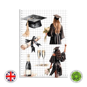 Menina de formatura bonés pretos e borlas, diplomas, garrafa de champanhe e taças, graduadas femininas folha de glacê cartão WAFER Impressões comestíveis