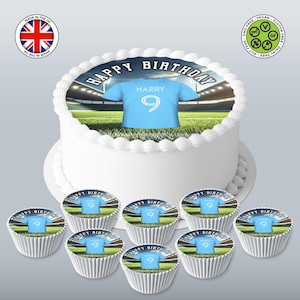 Personalisiertes Fußball-Trikot-Design mit Fußball-Thema, runder Topper 7,5 Zoll & 8 passende Cupcakes, Zuckergussfolie, WAFER-Karte, essbare Geburtstagsdrucke