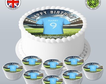 Football-Themed Edible Cake Topper – Personalised Soccer Jersey 7.5in Round with Cupcakes - ICING or WAFER