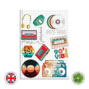 Stampa commestibile con musica retrò VIBE anni '90, musicassetta, disco in vinile, CD, topper per torta commestibile con cuffie, foglio di GLASSA, carta WAFER, stampe commestibili