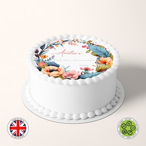 Gepersonaliseerde communie Boho bloemen aquarel krans 7,5 in ronde eetbare taarttopper (Engelse versie) glazuurvel WAFELTJE kaart, eetbare prints