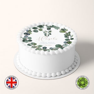 Personalisierter Kommunion-Aquarell-Eukalyptus-Kranz runder essbarer Kuchendeckel (englische Version) Zuckerguss-Blatt, WAFER-Karte, essbare Drucke