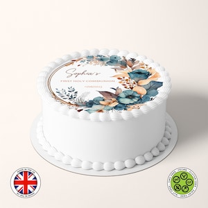 Corona floral personalizada de comunión con marco bohemio de 7,5 pulgadas, adorno comestible para tarta redonda (versión en inglés), hoja de GLASEADO, tarjeta de OBLEA, impresiones comestibles