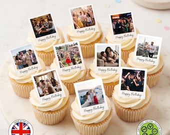 May include: A collection of cupcakes topped with square edible photo toppers, each featuring a different candid image and the text "Happy Birthday" in a script font. The cupcakes have light-coloured frosting and are arranged on a flat surface.
