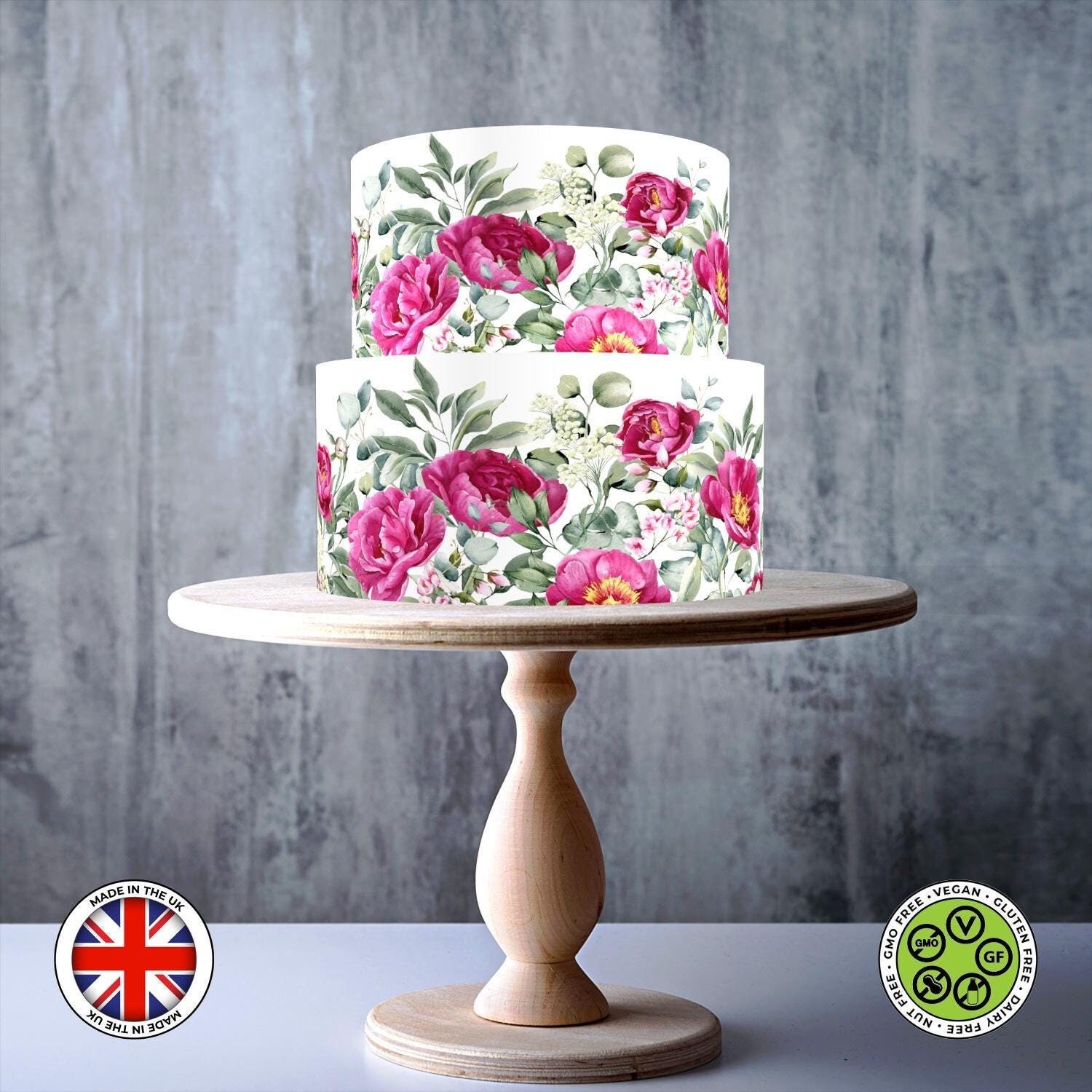 Pink Peonies Watercolour Seamless Floral cake ribbon border edible topper, ICING sheet, WAFER card, Cake Wrap, Edible Prints