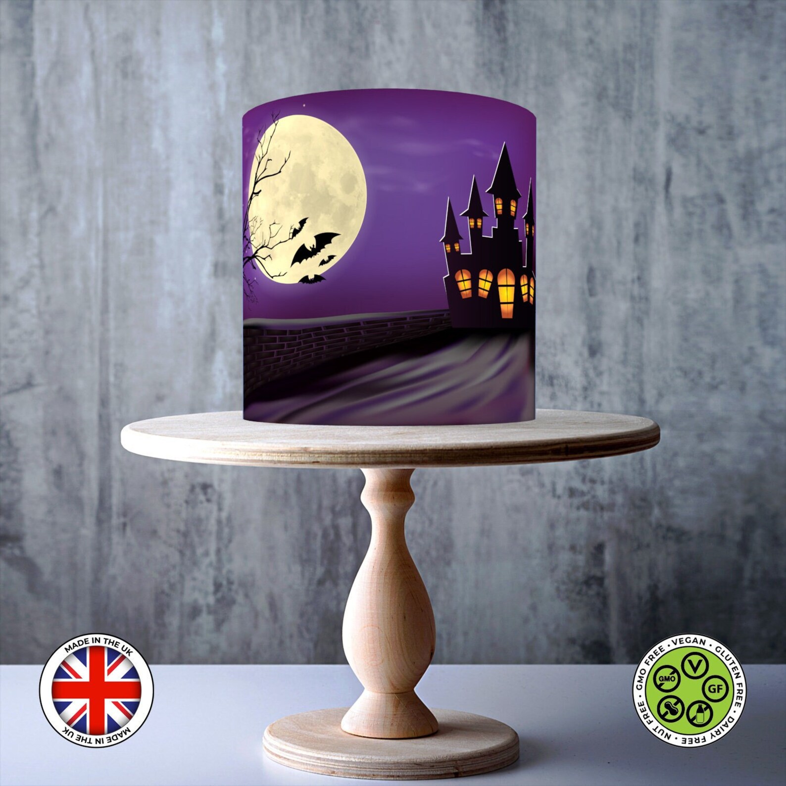 Purple Halloween Castle Full Moon Wrap Around Edible Cake Topper, ICING