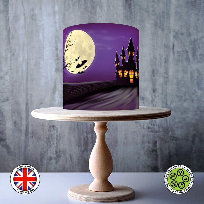 Purple Halloween Castle Full Moon Wrap Around Edible Cake Topper, ICING