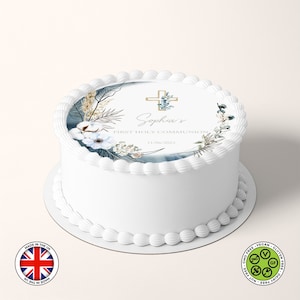 Gepersonaliseerde communie Boho bloemenlijst krans 7,5 inch ronde eetbare taarttopper (Engelse versie), glazuurvel, WAFER-kaart, eetbare prints