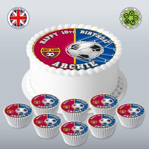 Voetbalteamlogo gepersonaliseerde eetbare voetbalbal en doelnet set ronde topper van 7,5 inch en 8 bijpassende cupcakes glazuurvel WAFELTJE kaart Verjaardag