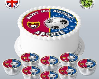 Football Team Logo Edible Cake Topper – Personalised Soccer 7.5in Round & Cupcakes - ICING or WAFER