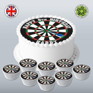 Personalisierte Dartscheibe, Darts Design 19,5 cm (runder Topper) & 8 passende Cupcakes, Zuckerguss Blatt, WAFER Karte, Geburtstag essbare Drucke