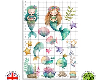 Under the Sea Mermaid Edible Cake Toppers – Cut-Out Watercolour Set - ICING or WAFER