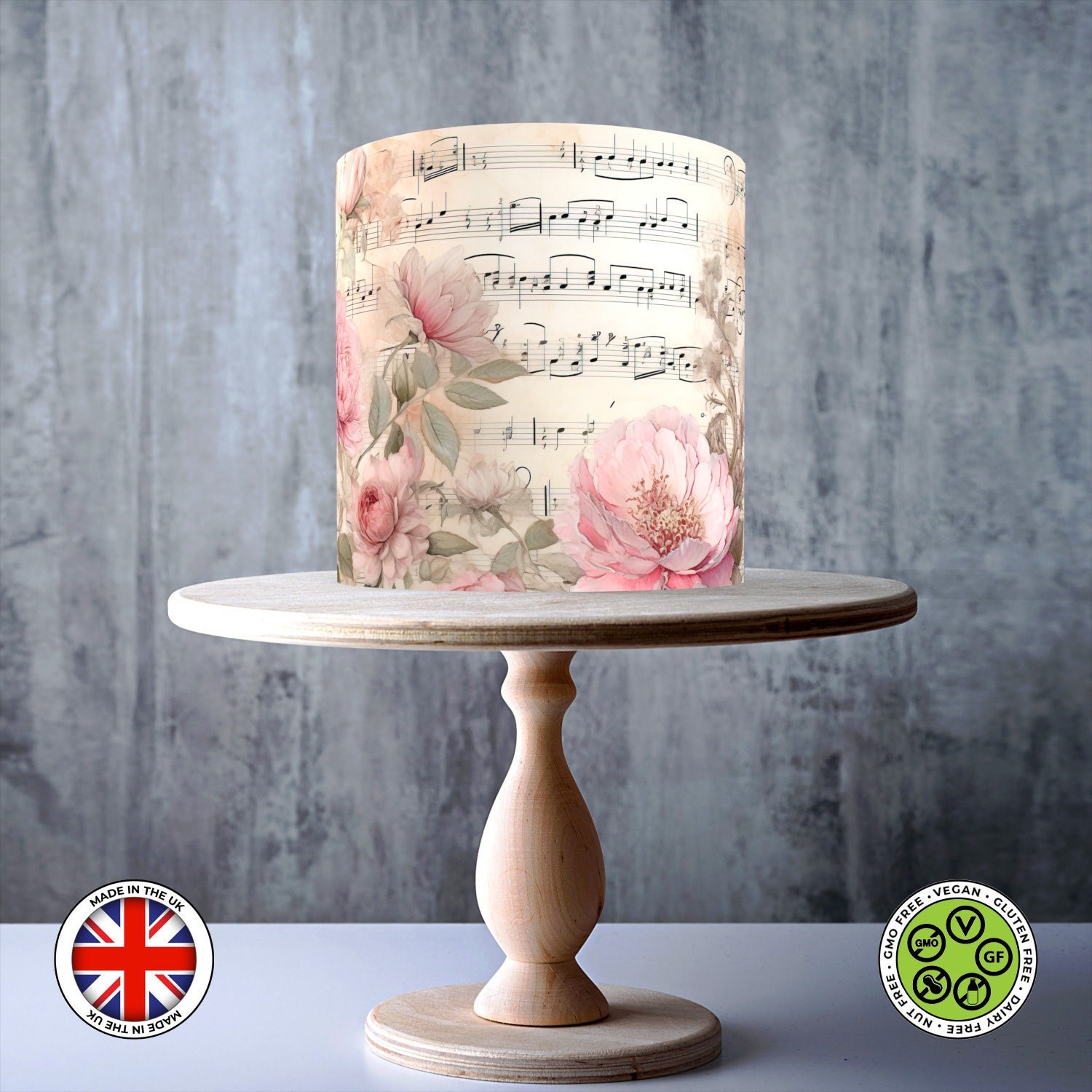 Shabby Chic Floral Musical Notes, Peony Musical Sheets wrap around edible cake topper, ICING sheet, WAFER card, Cake Wrap, Edible Prints