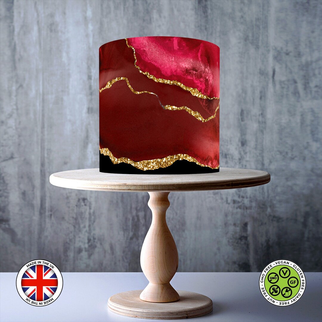 Burgundy Red Agate Gold Effect Wrap Around Edible Cake Topper
