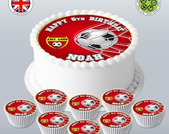 Football Club Logo Edible Cake Topper – Personalised Soccer 7.5in Round & Cupcakes - ICING or WAFER