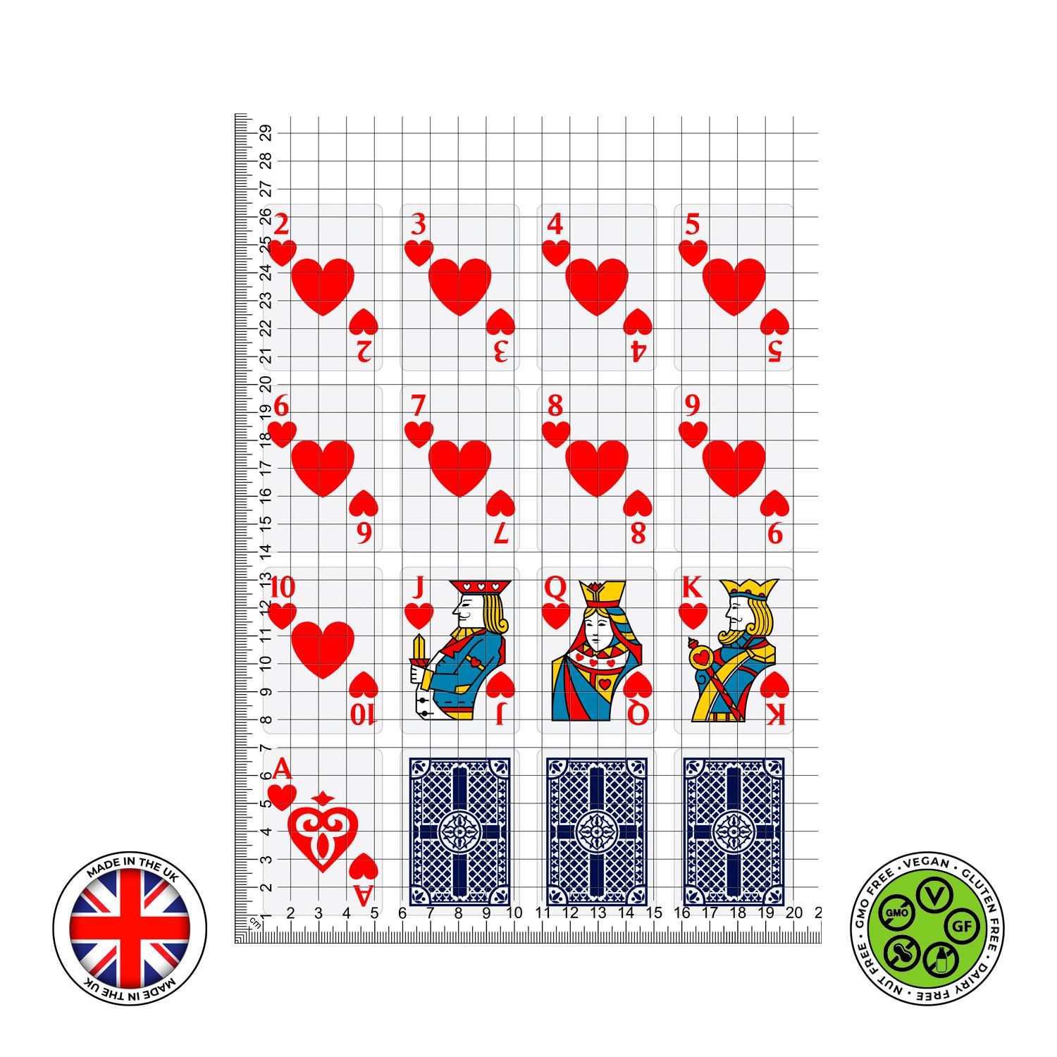 Può includere: Una griglia con cuori rossi e carte da gioco. Le carte sono il Jack, la Regina e il Re di Cuori. La griglia è numerata da 1 a 29 sul lato sinistro e da 1 a 20 in basso.