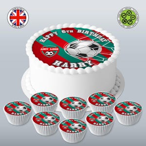 Voetbalteamlogo gepersonaliseerde eetbare voetbalbal en doelnet set ronde topper van 7,5 inch en 8 bijpassende cupcakes glazuurvel WAFELTJE kaart Verjaardag