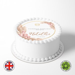 Corona de flores de la comunidad de Święta personalizada, adorno comestible para tarta redonda de 19 cm (versión polaca), lámina de GLASEADO, tarjeta de OBLEA, impresiones comestibles