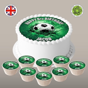 Gepersonaliseerd groen splash-ontwerp met voetbalthema, ronde topper van 7,5 inch en 8 bijpassende cupcakes, glazuurvel, WAFER-kaart, eetbare verjaardagsafdrukken
