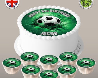 Football-Themed Edible Cake Topper – Personalised Green Splash 7.5in Round & Cupcakes - ICING or WAFER