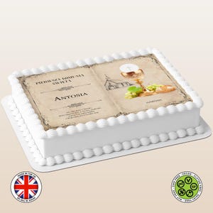 Décoration pour gâteau comestible personnalisée Pierwsza Komunia Święta livre ouvert parchemin vieilli (version polonaise) feuille de glaçage carte gaufrette impressions, communion