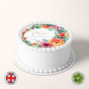 Personalisierte Kommunion Boho Blumen Aquarell Kranz 7,5 in runden essbaren Kuchen Topper (englische Version) ILING Blatt WAFER Karte, essbare Drucke
