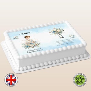 Personalisierte erste heilige Kommunion offene Buch betender Junge essbare Kuchendeckel (englische Version) Zuckerguss Blatt WAFER Karte, essbare Drucke, Komunia