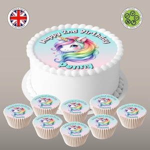 Personalisiertes Einhorn-Thema, niedliches magisches Einhorn, runder Topper 7,5 Zoll & 8 passende Cupcakes, Zuckergussfolie, WAFER-Karte, essbare Geburtstagsdrucke