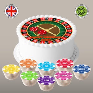 Casino-Themed Edible Cake Topper – Personalised Roulette Wheel 7.5in Round & Chip Cupcakes - ICING or WAFER