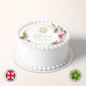 Personalisierte Kommunion Boho Pampas Blumenrahmen Kranz 7,5 Zoll runder essbarer Kuchendeckel (englische Version) IKING Blatt WAFER Karte Essbare Drucke
