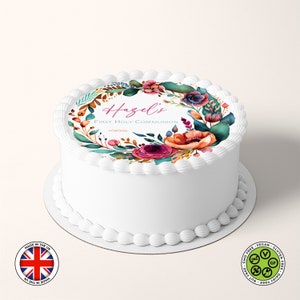 Gepersonaliseerde communie Boho bloemen aquarel krans 7,5 in ronde eetbare taarttopper (Engelse versie) glazuurvel WAFELTJE kaart, eetbare prints