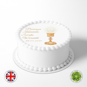 Adorno para tarta de comunión comestible redondo personalizado de 7,5 pulgadas con el lema "Pierwsza Komunia Święta", lámina de GLASEADO, tarjeta de OBLEA, impresiones comestibles