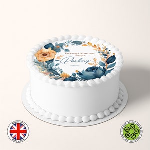 Gepersonaliseerde communie boho bloemenlijst krans 7,5 inch ronde eetbare taarttopper (Poolse versie), glazuurvel, WAFER-kaart, eetbare prints