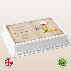 Gepersonaliseerde eerste communie open boek leeftijd perkamentstijl eetbare taarttopper (Engelse versie) glazuurvel WAFELTJE kaart afdrukken, Komunia