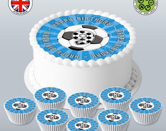 Football-Themed Edible Cake Topper – Personalised Soccer Ball 7.5in Round with Cupcakes - ICING or WAFER