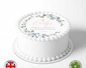 First Holy Communion Edible Cake Topper – Personalised Floral Wreath 7.5in Round - ICING or WAFER
