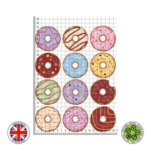 May include: A grid of twelve colorful donuts with various toppings and frostings. The donuts are arranged in three rows of four. The image includes a ruler with inch measurements and a "Made in the UK" sticker.