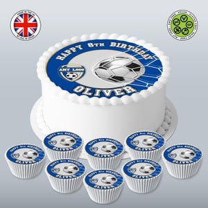 Ensemble comestible ballon de football et filet de but personnalisés avec logo du club de football 7,5 pouces de dessus rond et 8 cupcakes assortis feuille de glaçage carte gaufrette anniversaire