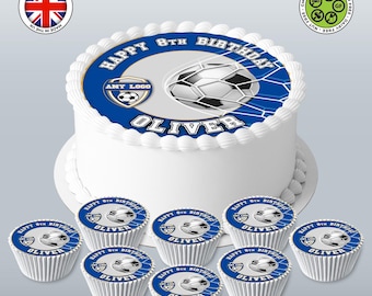 Football Team Logo Edible Cake Topper – Personalised Soccer 7.5in Round & Cupcakes - ICING or WAFER