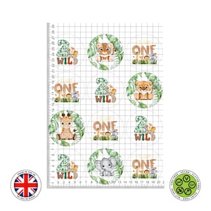 Wild One Baby Shower #2 Cupcake de animais fofos comestível Safari 12pcs / 20pcs topper de bolo comestível, folha de glacê, cartão WAFER, impressões comestíveis