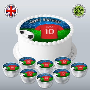 Gepersonaliseerde jerseyontwerp met voetbalthema, ronde topper van 7,5 inch en 8 bijpassende cupcakes, glazuurvel, WAFER-kaart, eetbare verjaardagsafdrukken