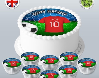 Football-Themed Edible Cake Topper – Personalised Jersey 7.5in Round with Cupcakes - ICING or WAFER