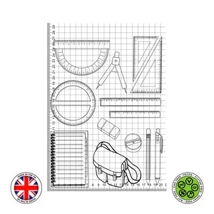 May include: A black and white line drawing of school supplies on a gridded background. The supplies include a protractor, compass, ruler, pencil, pen, eraser, notebook, and a satchel bag.