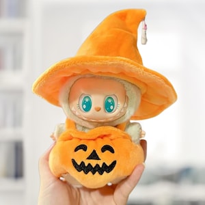 Labubu Pumpkin Overalls Outfit: Halloween Doll Clothes, Fits 15/17cm Dolls