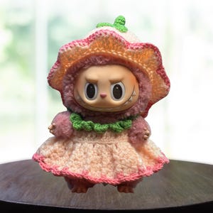 Crochet Pink Flower Dress & Hat: Labubu Doll Outfit