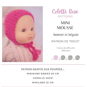 tuto pdf bonnet et béguin pour poupée Babies de Minikane 28 cm, poupon Corolle 30 cm, Miniland 32 cm