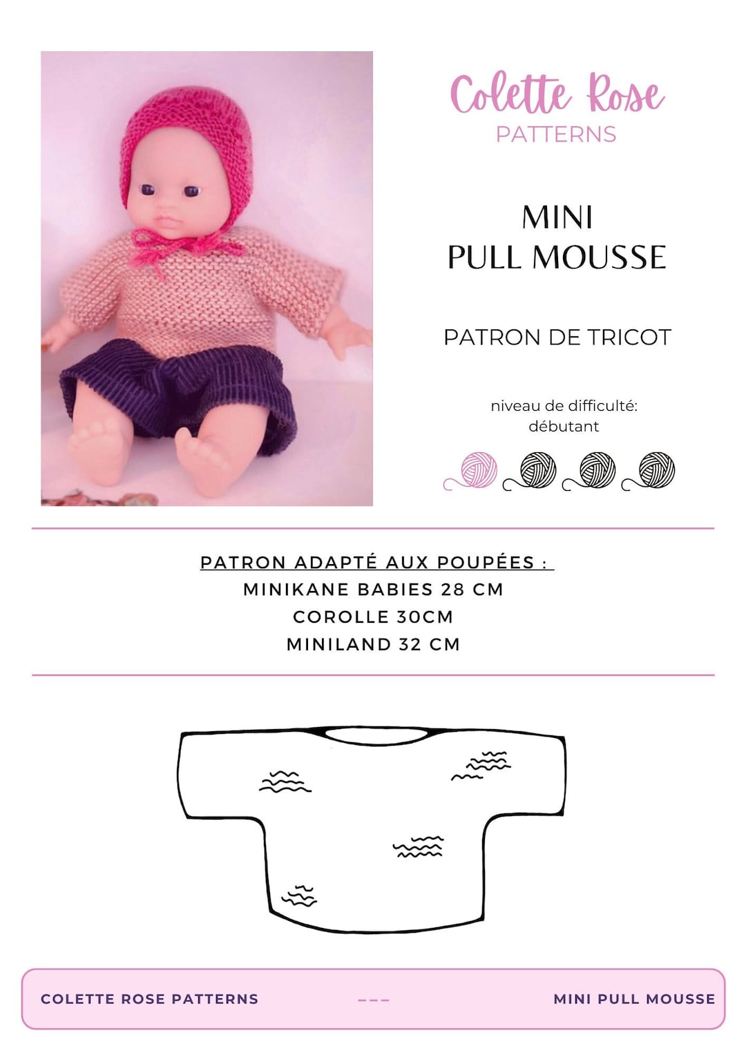 Tuto tricot -mini pull mousse- poupée Minikane Babies 28 cm, Corolle 30 cm  et Miniland 32 cm pull poupée et poupon France